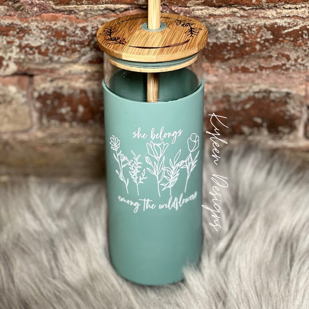 She Belongs Among The Wildflowers - 20 Ounce Engraved Glass Tumbler With Silicone Sleeve