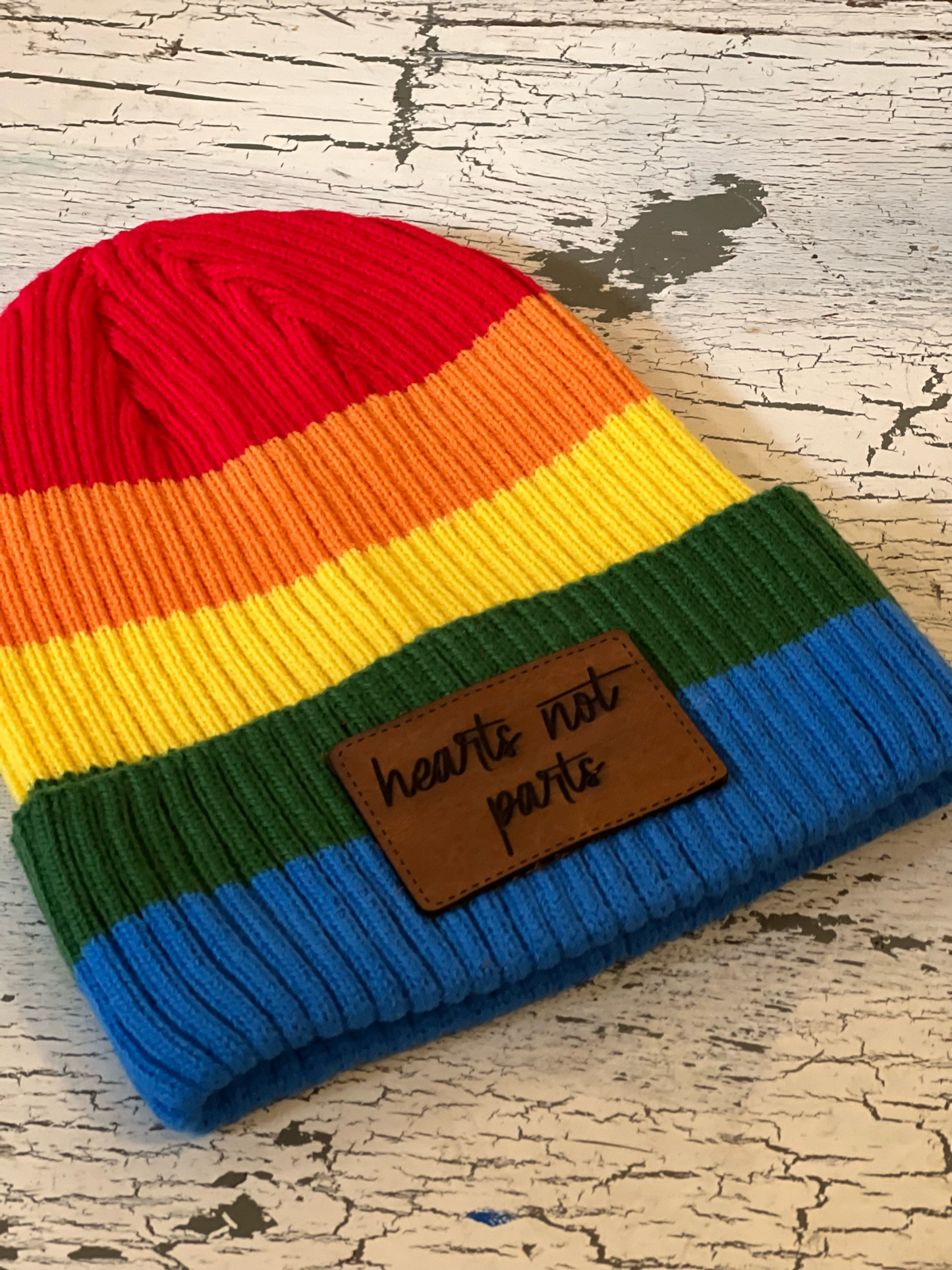 Pride Rainbow Beanie Hat with Custom Leather Patch