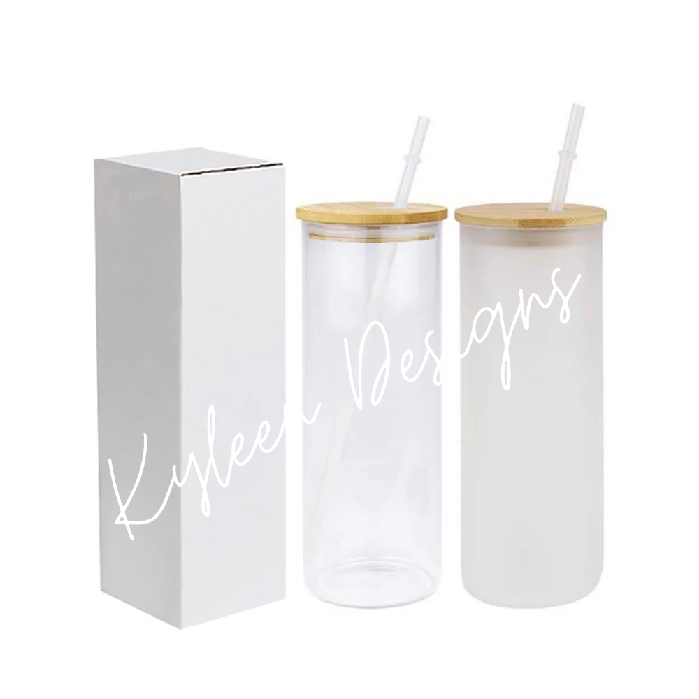 Frosted or Clear 25 Ounce Glass Sublimation tumbler with bamboo or