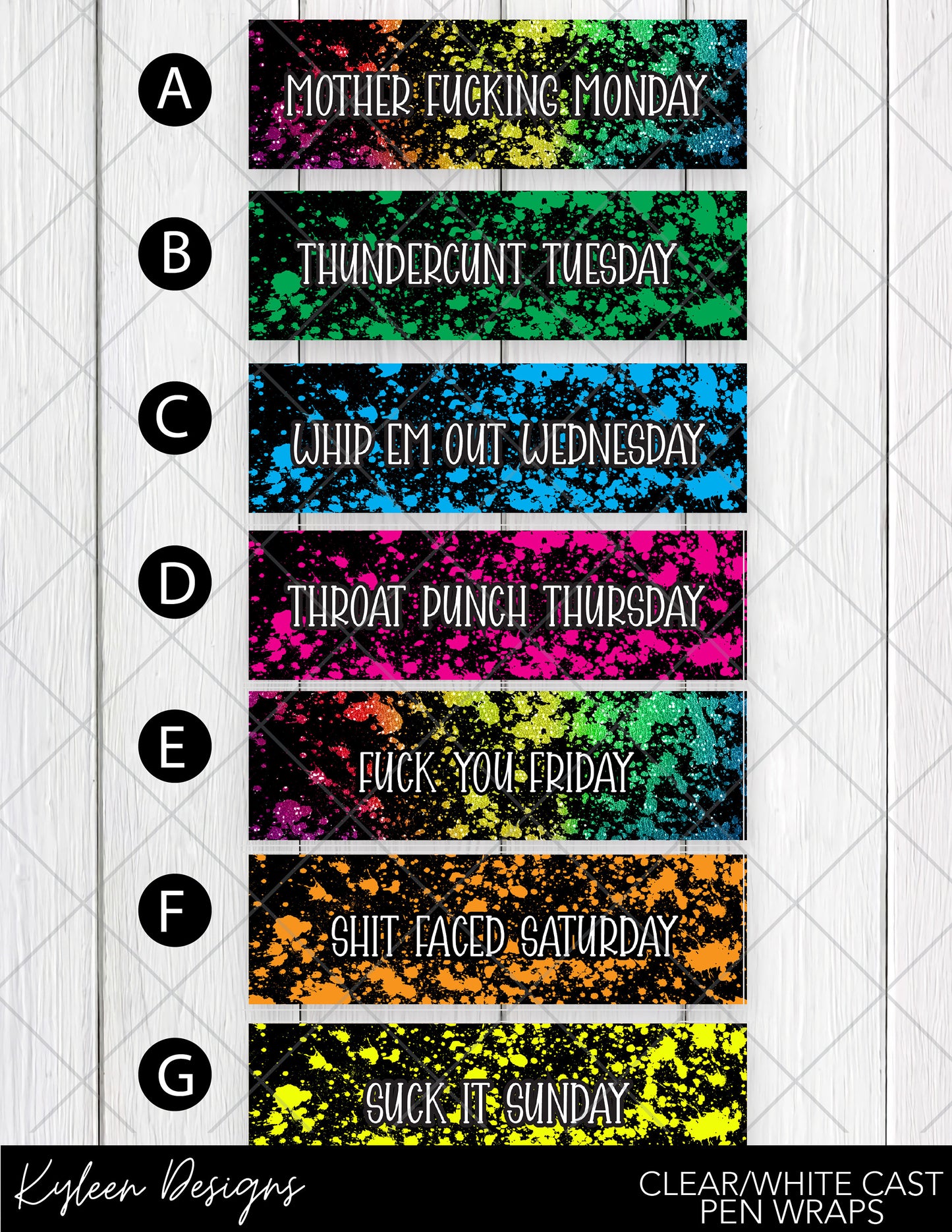 WHITE or CLEAR cast VINYL Pen wraps-Days of the week