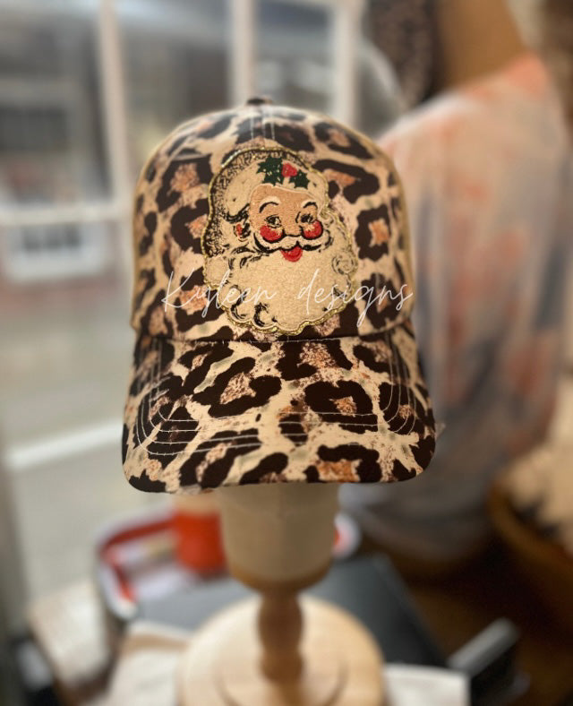 Santa Baby Leopard Hat- Criss Cross ponytail elastic back