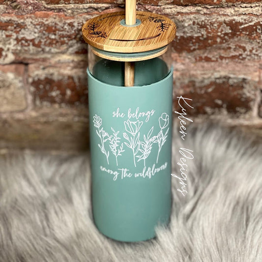 She Belongs Among The Wildflowers - 20 Ounce Engraved Glass Tumbler With Silicone Sleeve