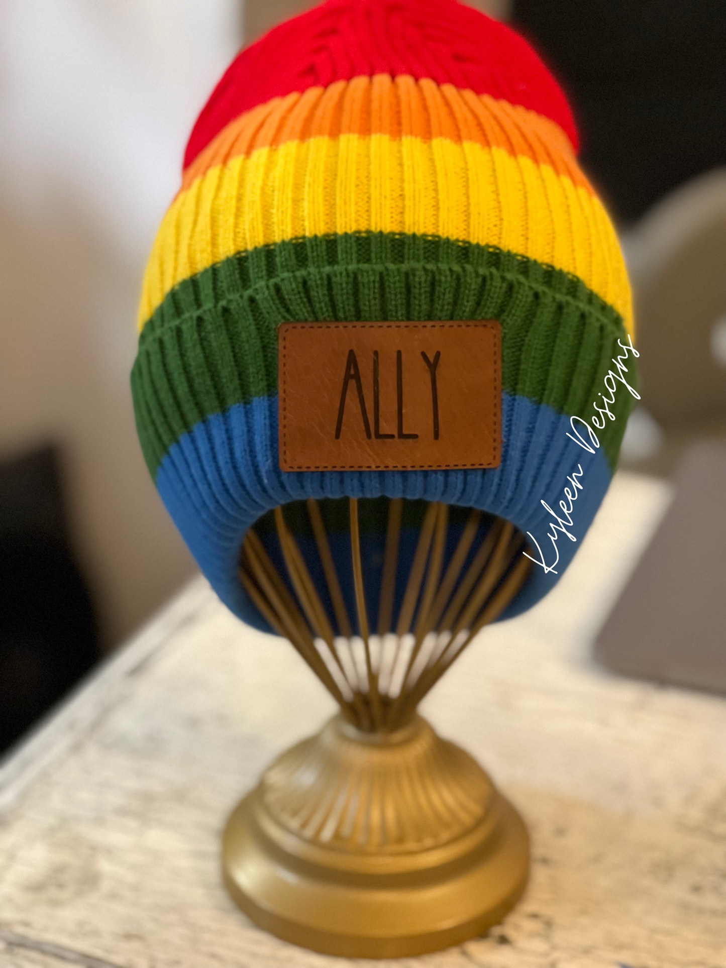 Pride Rainbow Beanie Hat with Custom Leather Patch