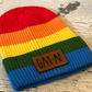 Pride Rainbow Beanie Hat with Custom Leather Patch