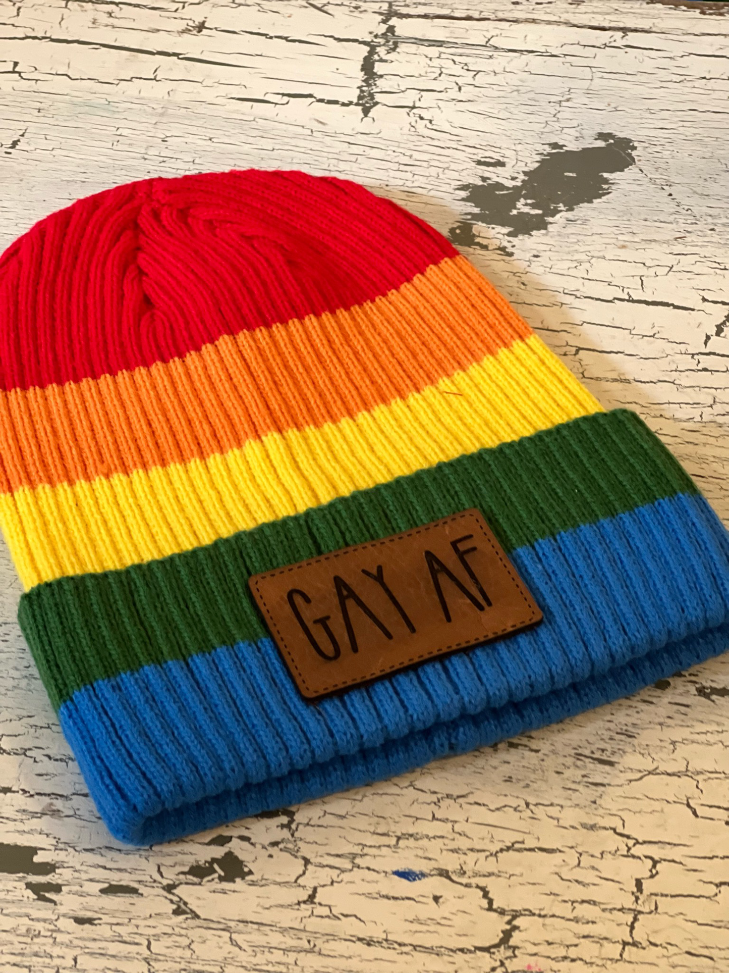 Pride Rainbow Beanie Hat with Custom Leather Patch