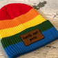 Pride Rainbow Beanie Hat with Custom Leather Patch