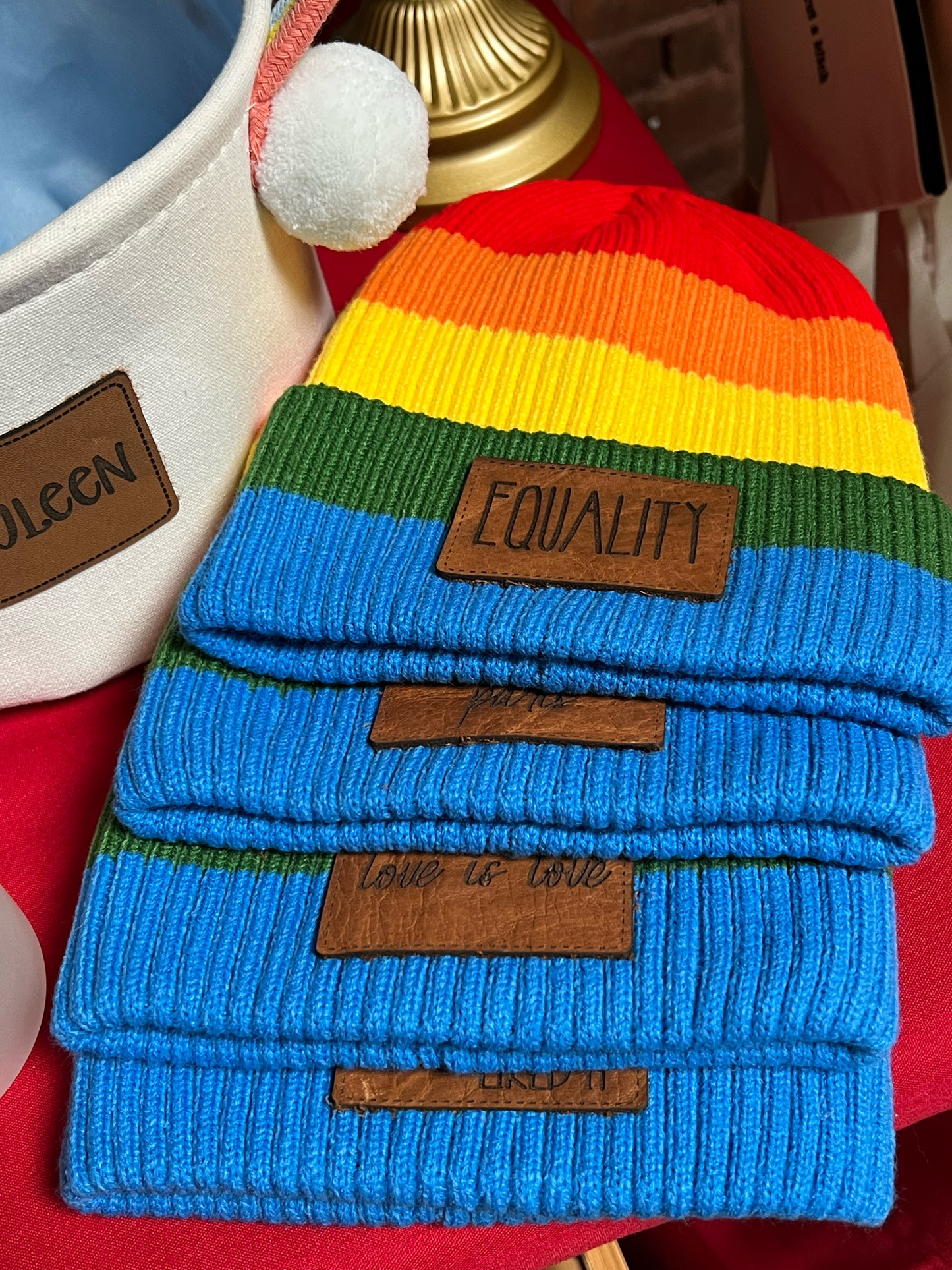 Pride Rainbow Beanie Hat with Custom Leather Patch