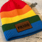 Pride Rainbow Beanie Hat with Custom Leather Patch
