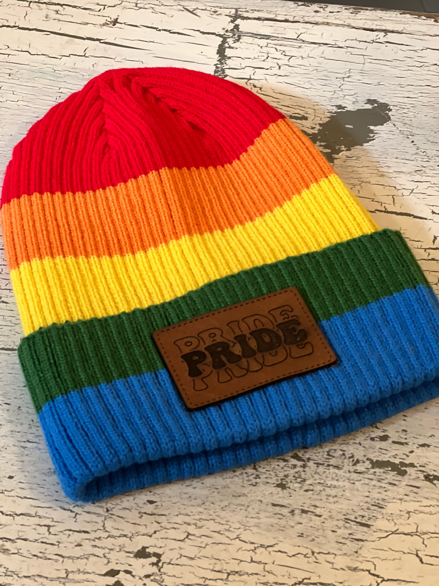 Pride Rainbow Beanie Hat with Custom Leather Patch