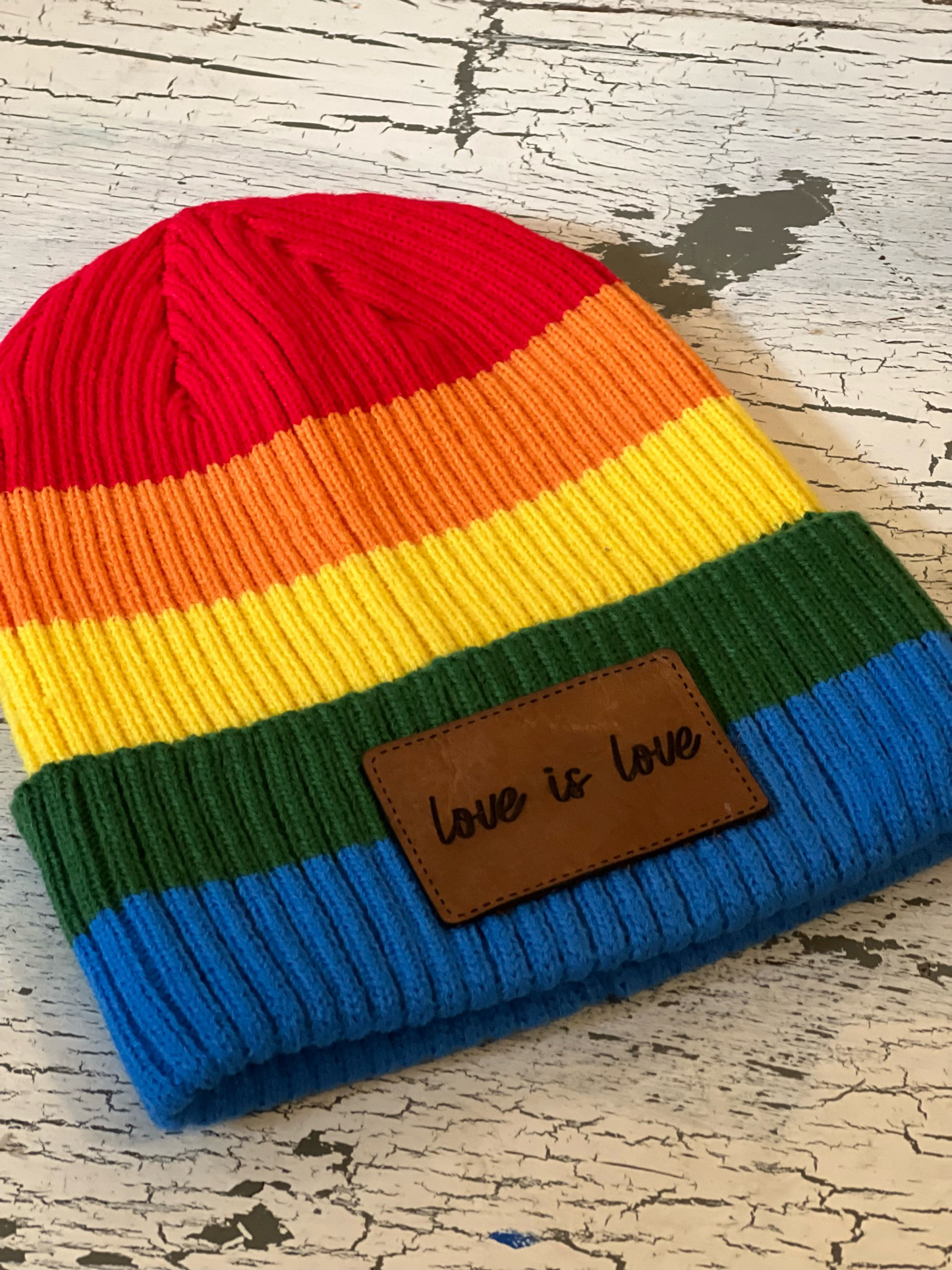 Pride Rainbow Beanie Hat with Custom Leather Patch