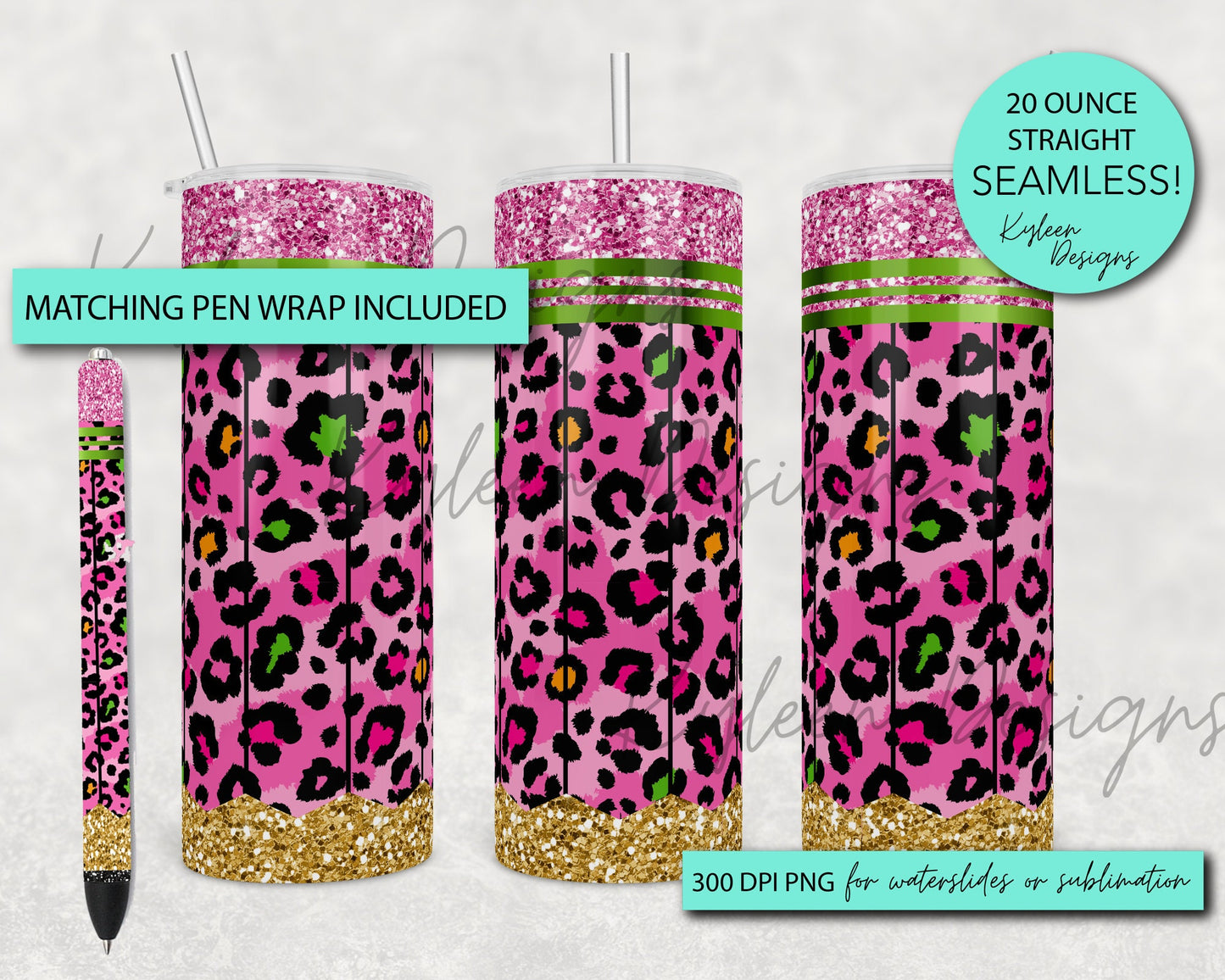 20 ounce straight Seamless Leopard Pencil bundle High Res PNG digital files for waterslide or sublimation