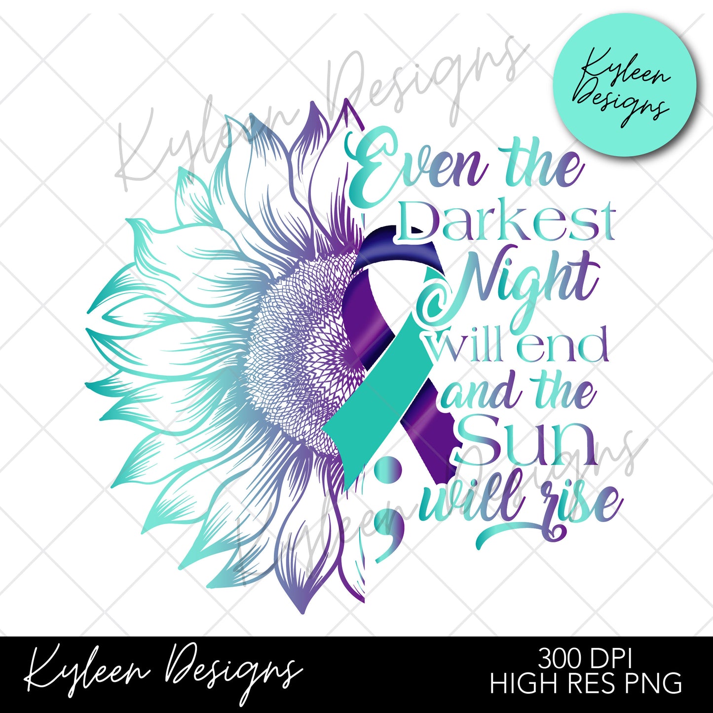 20 ounce straight SEAMLESS suicide awareness teal/ purple ribbon wrap for sublimation, waterslide High res PNG digital file- Straight only
