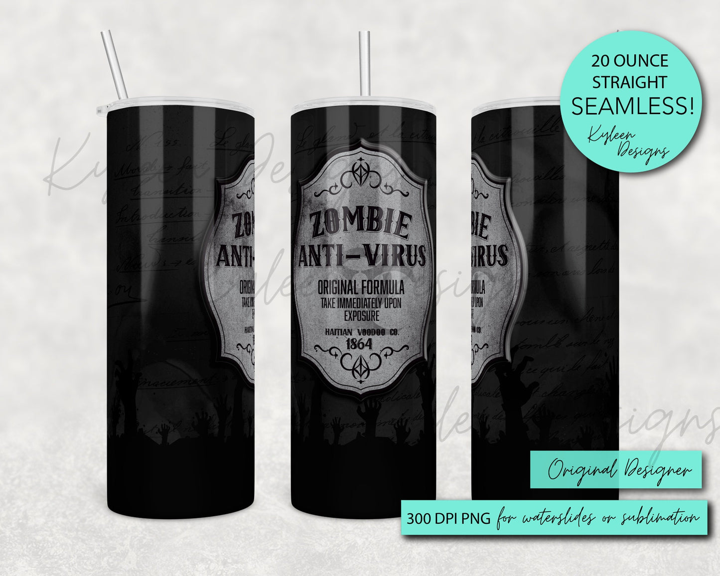 20 ounce straight zombie anti virus wrap for sublimation, waterslide High res PNG digital file- Straight only