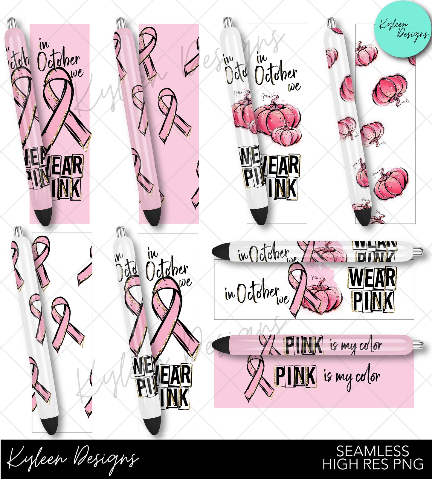 Breast Cancer We Wear Pink In October Pen Wraps For Waterslide, Sublimation or Vinyl High RES PNG SEAMLESS