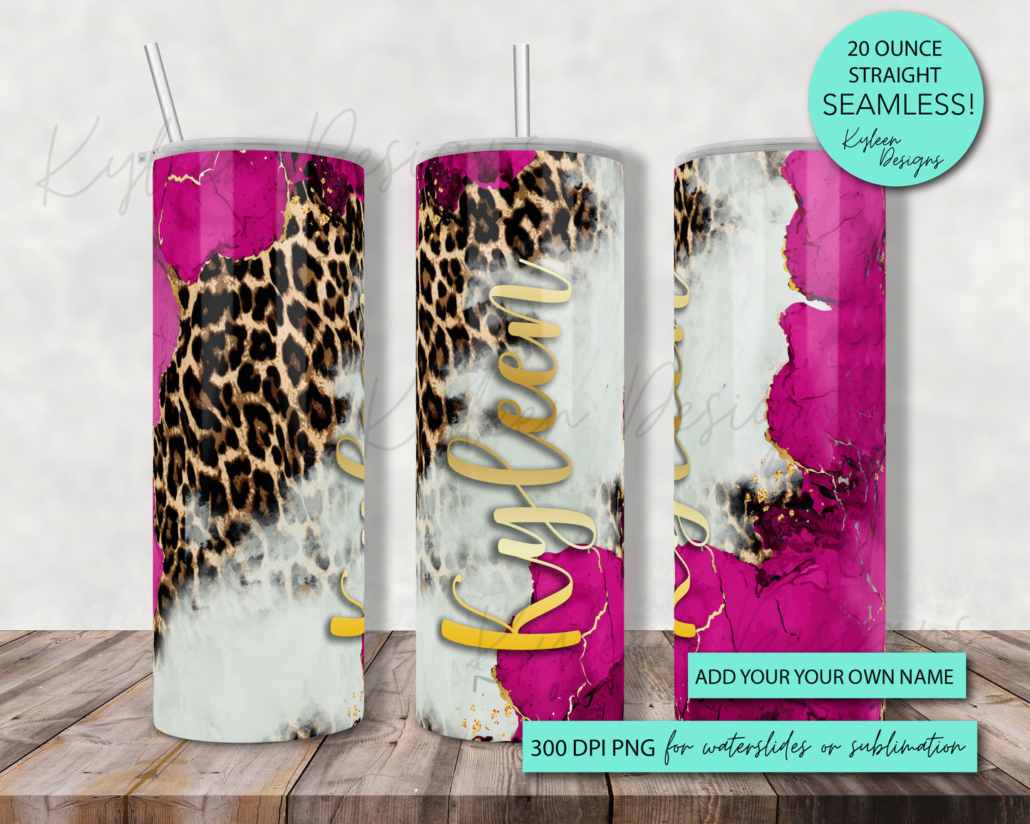 Add your own name SEAMLESS 20 ounce straight marble leopard wrap for sublimation, waterslide High res PNG digital file- Straight only-PINK