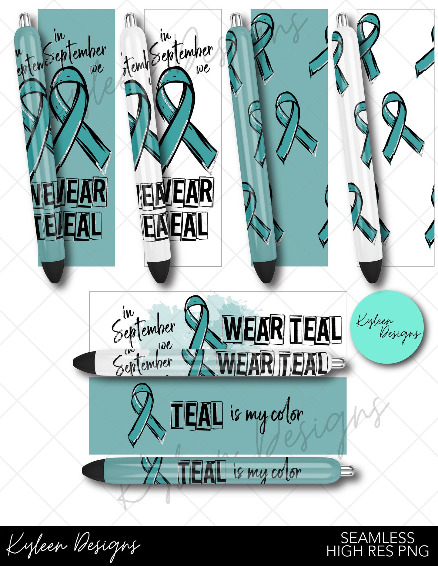 SEAMLESS ovarian cancer we wear teal in September pen wraps for waterslide high RES PNG