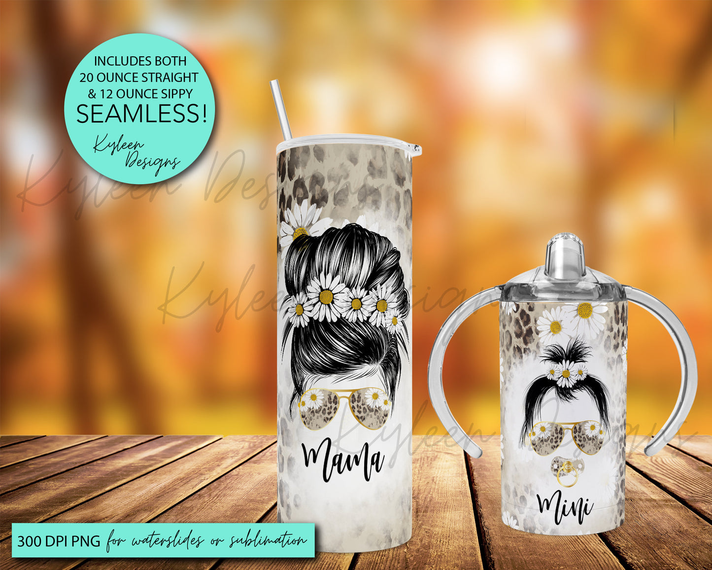SEAMLESS 20 ounce straight & 12 ounce sippy leopard daisy mama and mini wraps for sublimation, waterslide High res PNG digital files