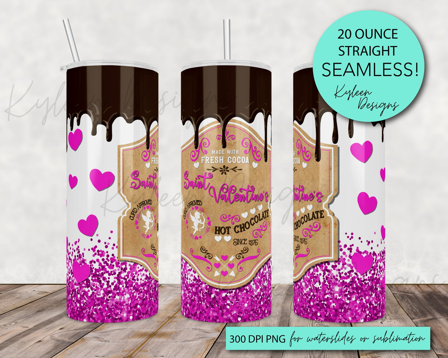 SEAMLESS Saint Valentines hot cocoa 20 ounce wrap for sublimation, waterslide High res PNG digital file- Straight only