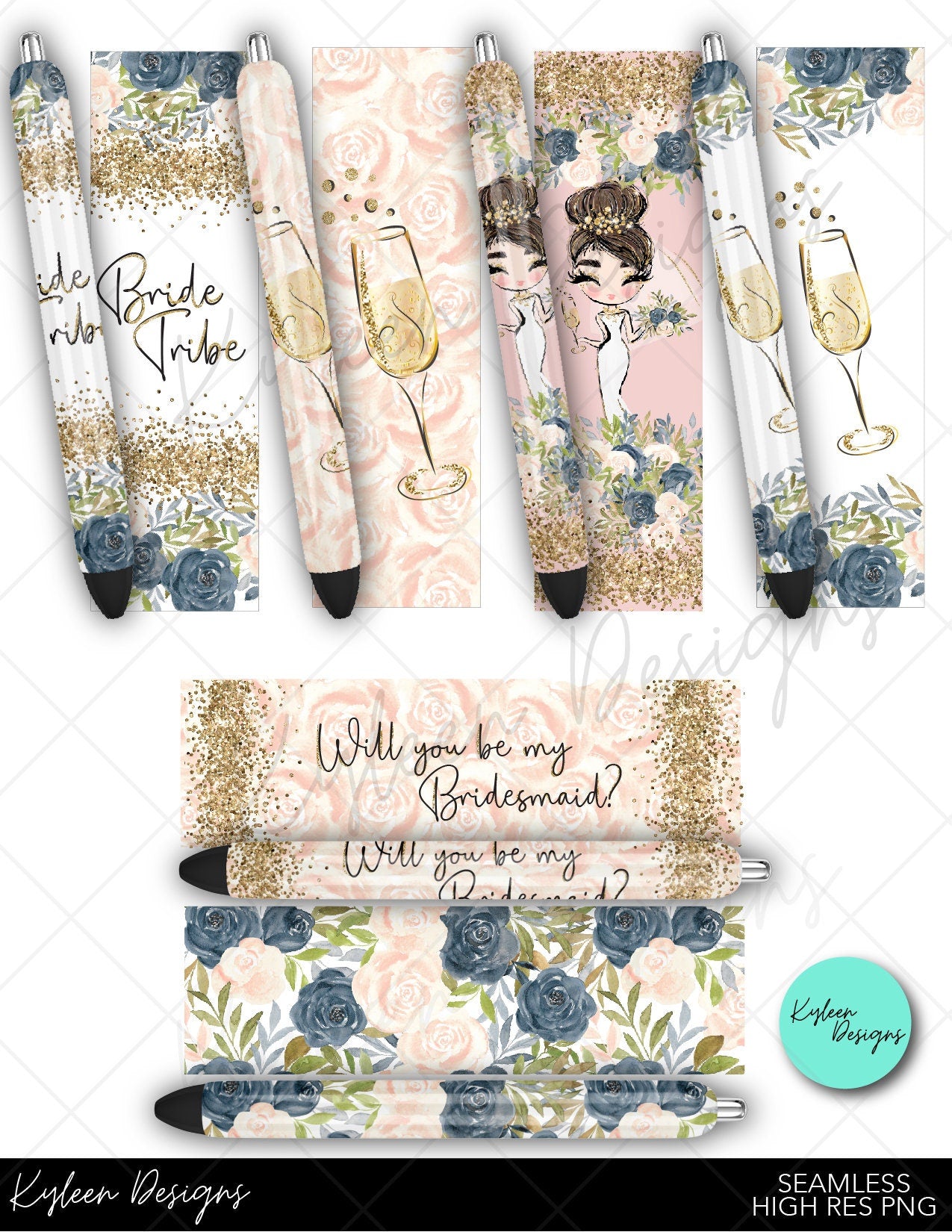 SEAMLESS Bride- Bridesmaid pen wraps for waterslide high RES PNG