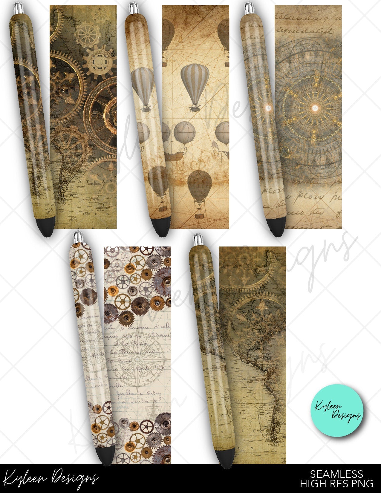 Vintage steam punk glitter pen wraps for waterslide high RES PNG