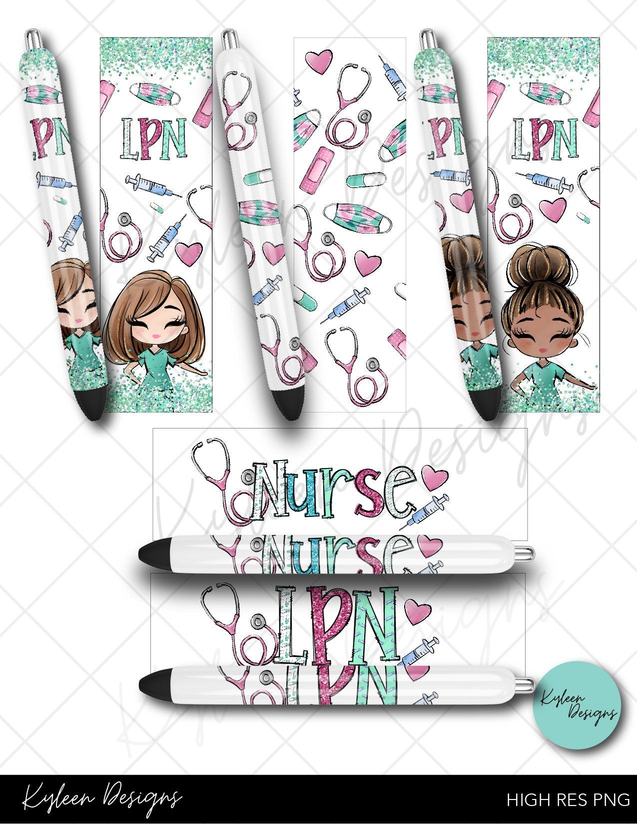 SEAMLESS LPN Nurse pen wraps for waterslide high res PNG