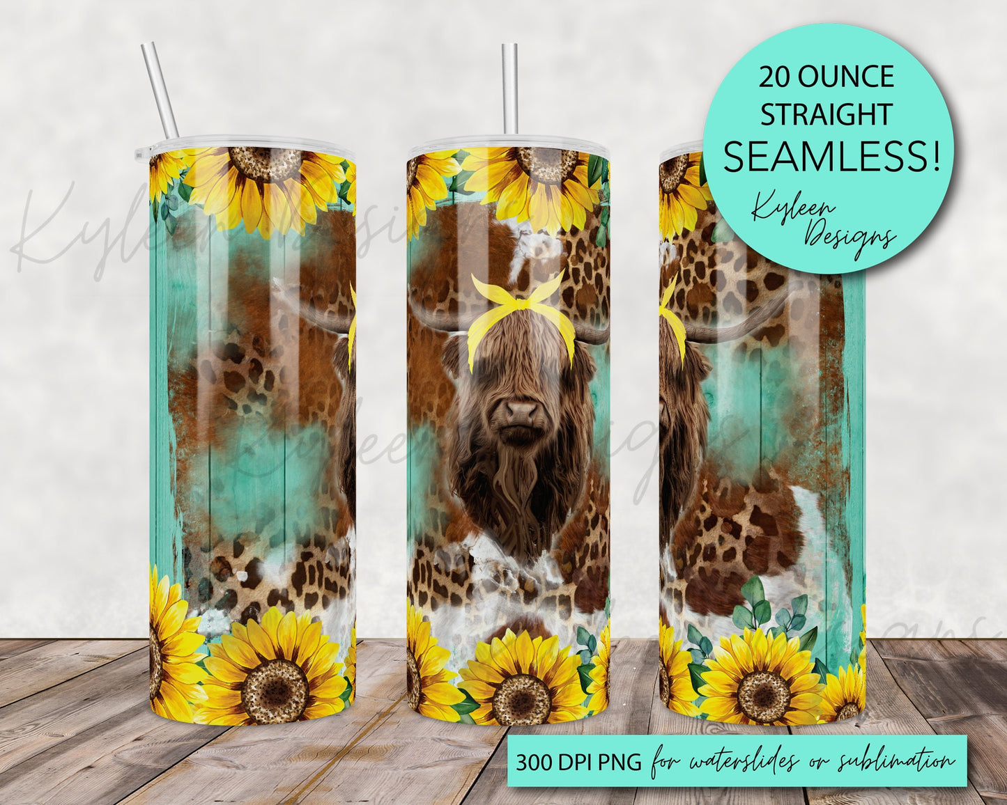 SEAMLESS rustic sunflower highland cow 20 ounce wrap for sublimation, waterslide High res PNG digital file- Straight only