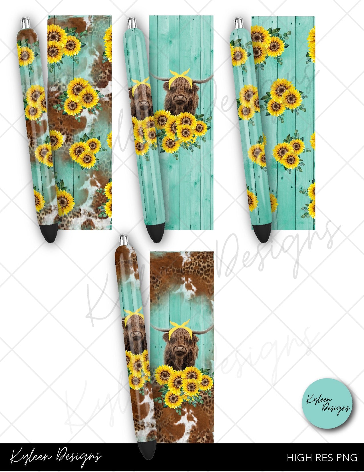 Highland cow sunflower pen wraps for waterslide high RES PNG