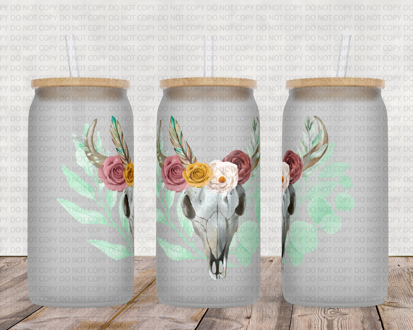 Boho Skull Floral High RES PNG for coffee/beer glass