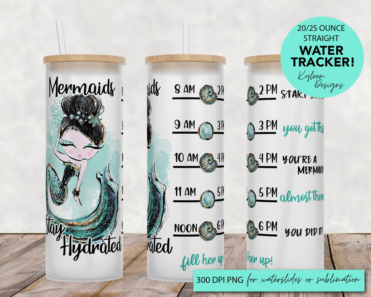 25 oz frosted glass tumbler png, Mermaid Tumbler template water tracker High res PNG digital file