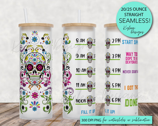25 oz frosted glass tumbler png, Sugar skull scroll Tumbler template water tracker High res PNG digital file
