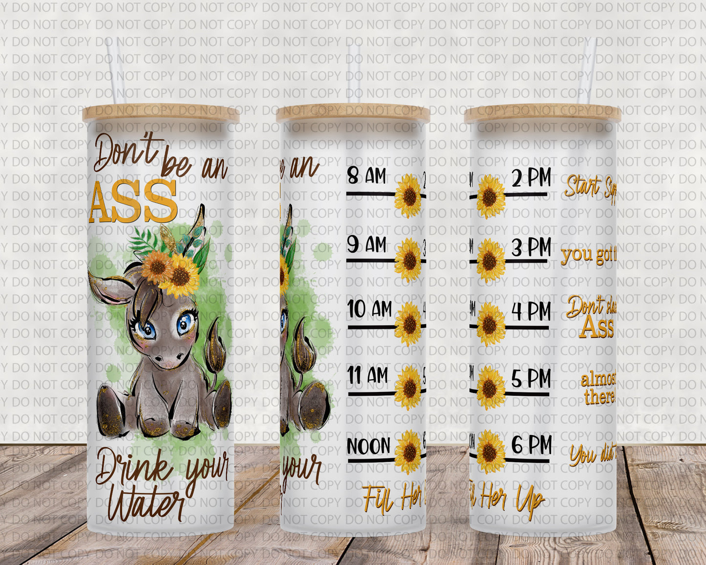 25 oz glass tumbler don't be an ass donkey Water tracker 20/25 ounce wrap for sublimation, waterslide High res PNG digital file