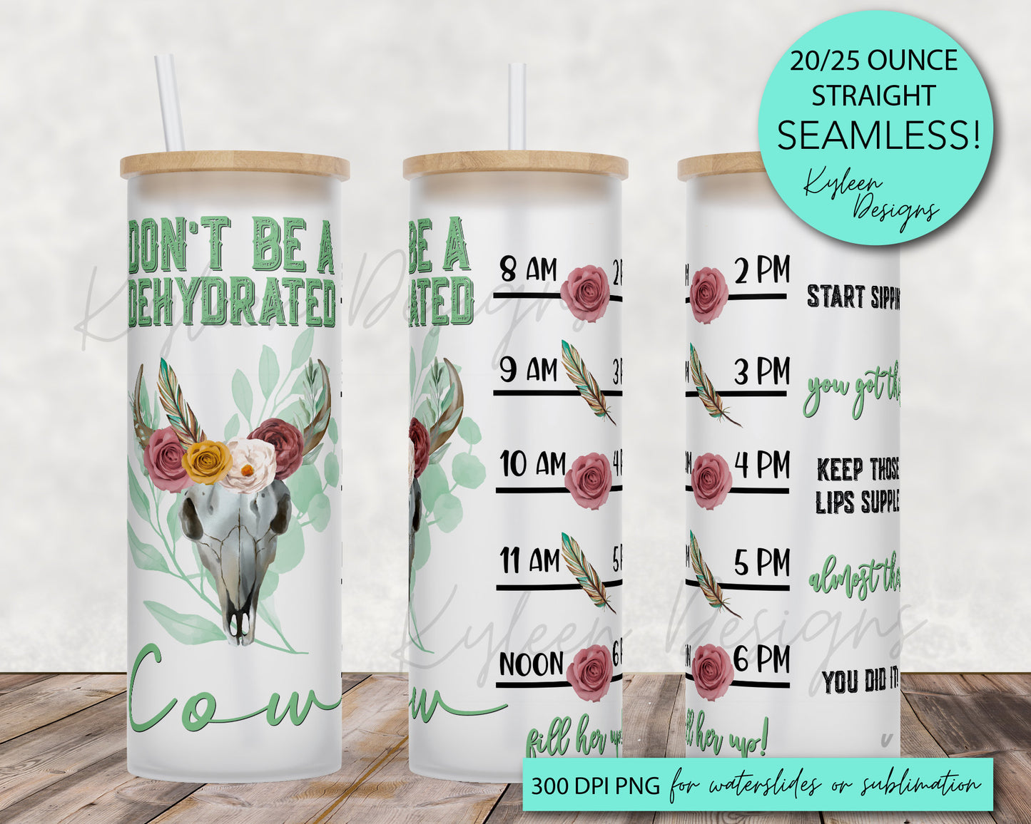 25 oz glass tumbler Dehydrated cow heifer Water tracker 20/25 ounce wrap for sublimation, waterslide High res PNG digital file