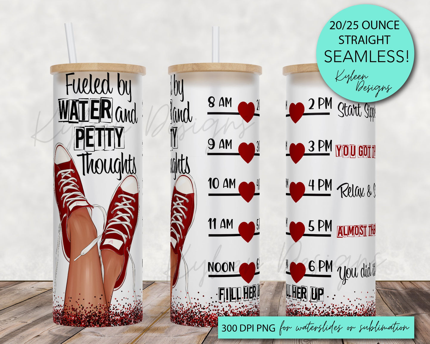25 oz glass tumbler running on water and petty thoughts Water tracker 20/25 ounce wrap for sublimation, waterslide High res PNG digital file