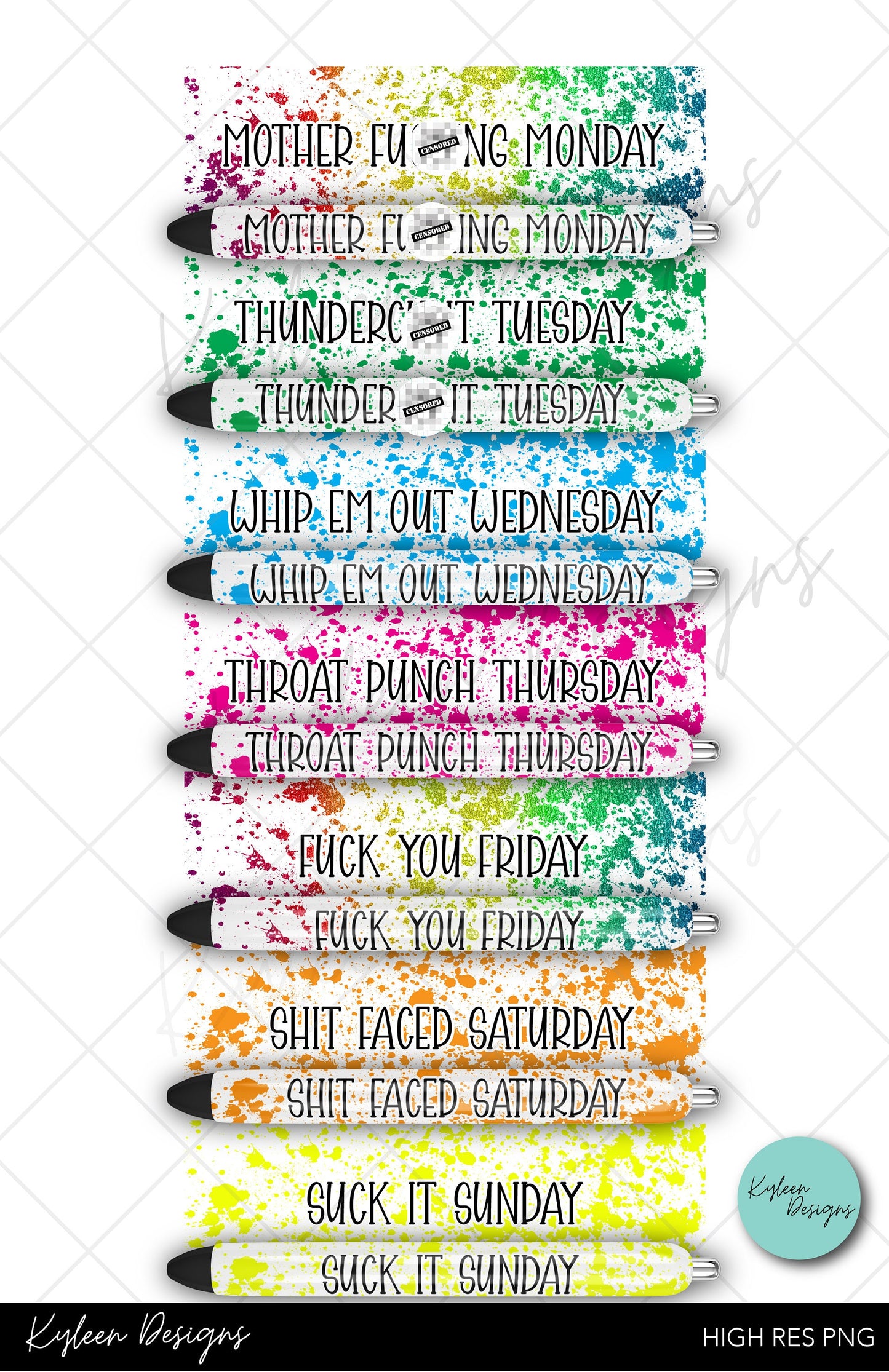 DAYS of the week power washpen wraps for waterslide high RES PNG- all white
