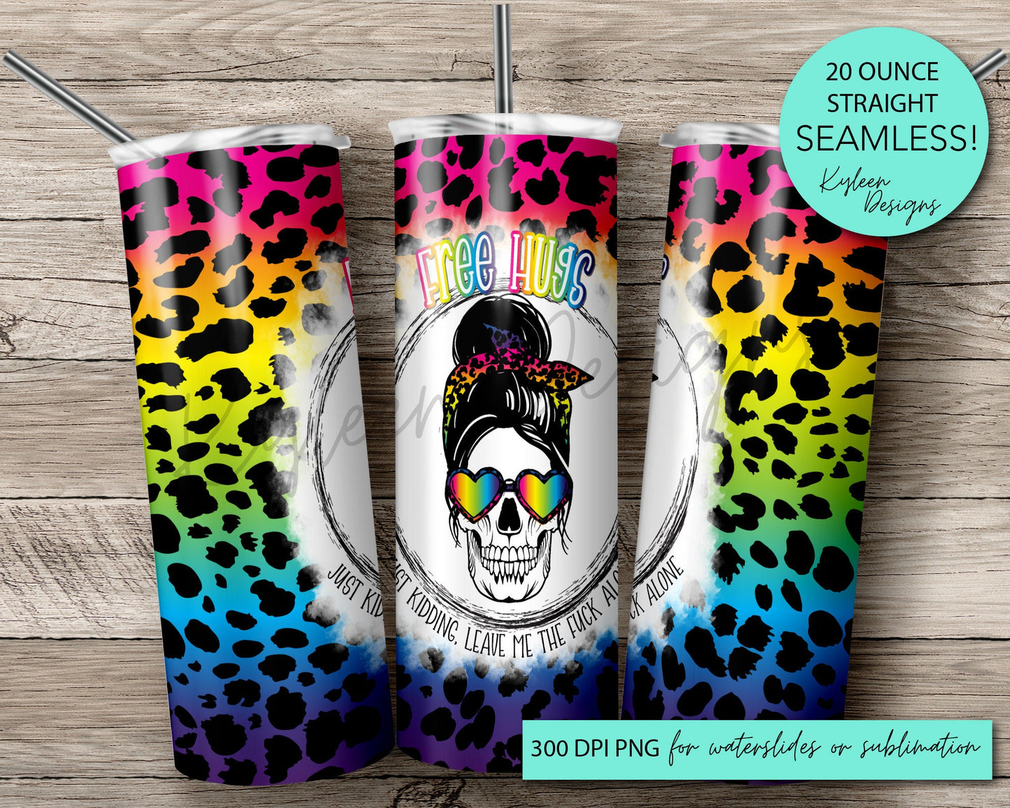 SEAMLESS free hugs messy bun skeleton 20 ounce tumbler wrap for sublimation, waterslide High res PNG digital file- Straight only