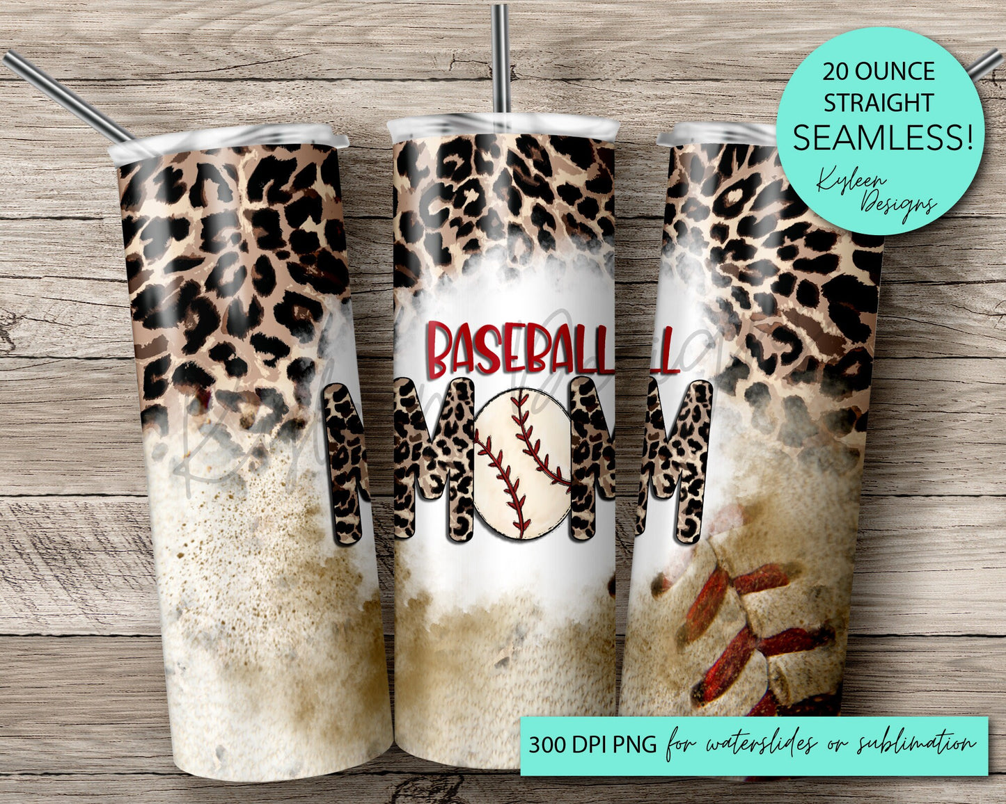 SEAMLESS Leopard Baseball mom 20 ounce tumbler wrap for sublimation, waterslide High res PNG digital file- Straight only