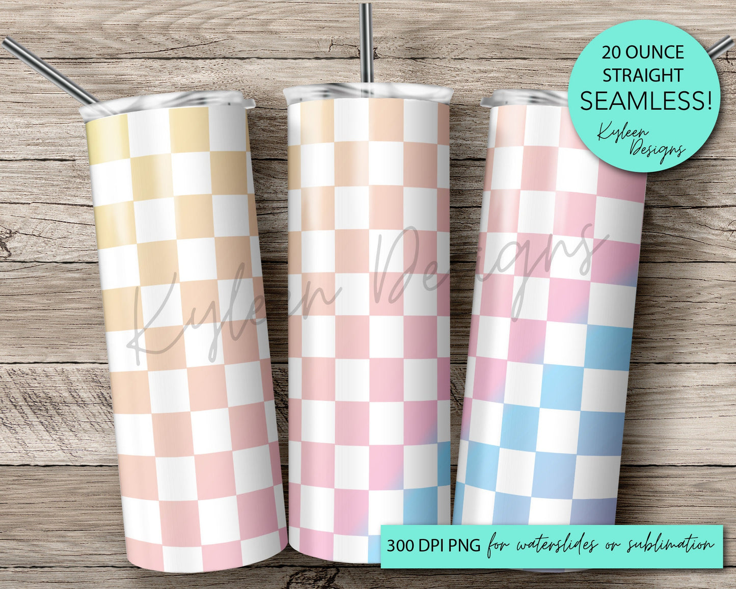 SEAMLESS Pastel ombre checkered 20 ounce tumbler wrap for sublimation, waterslide High res PNG digital file- Straight only