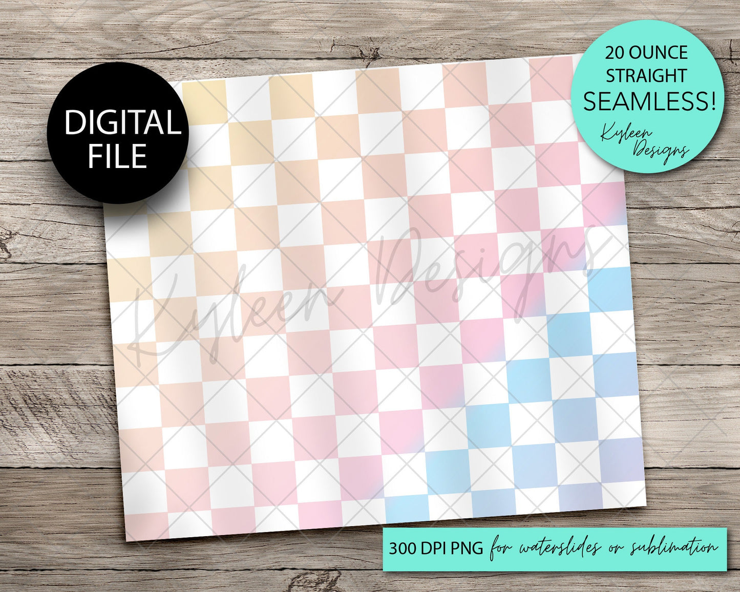 SEAMLESS Pastel ombre checkered 20 ounce tumbler wrap for sublimation, waterslide High res PNG digital file- Straight only