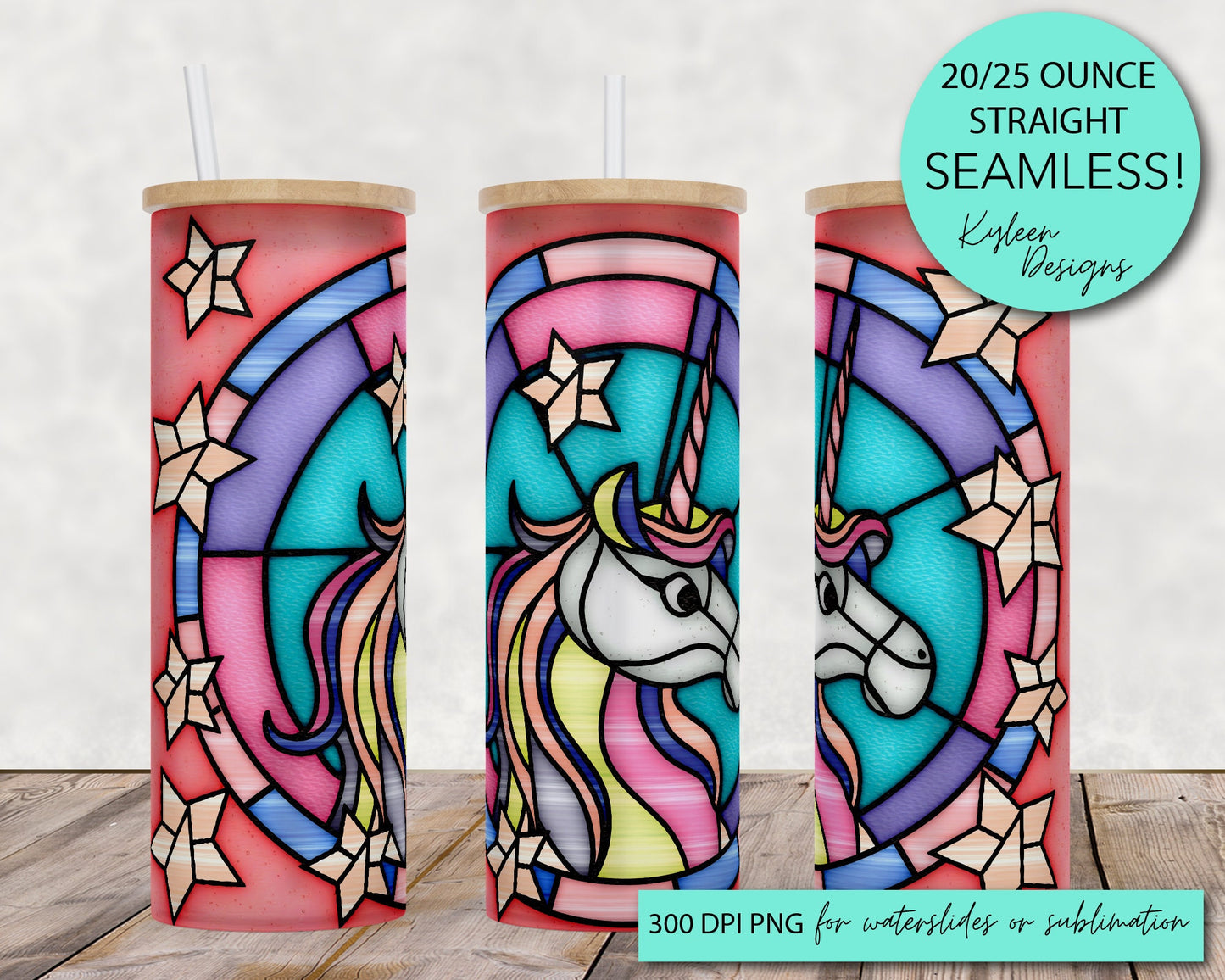 SEAMLESS Unicorn Stained glass 20/25 ounce wrap for sublimation, waterslide High res PNG digital file- Straight only