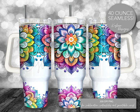 SEAMLESS 40 ounce mandala floral tumbler wrap for sublimation, waterslide High res PNG digital file