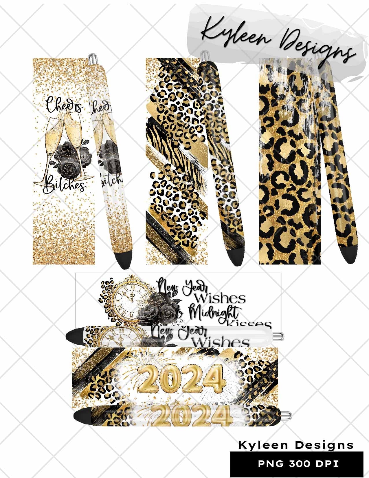 SEAMLESS New Year Leopard print Pen wraps for UVDTF, waterslide, sublimation and printable vinyl high res PNG