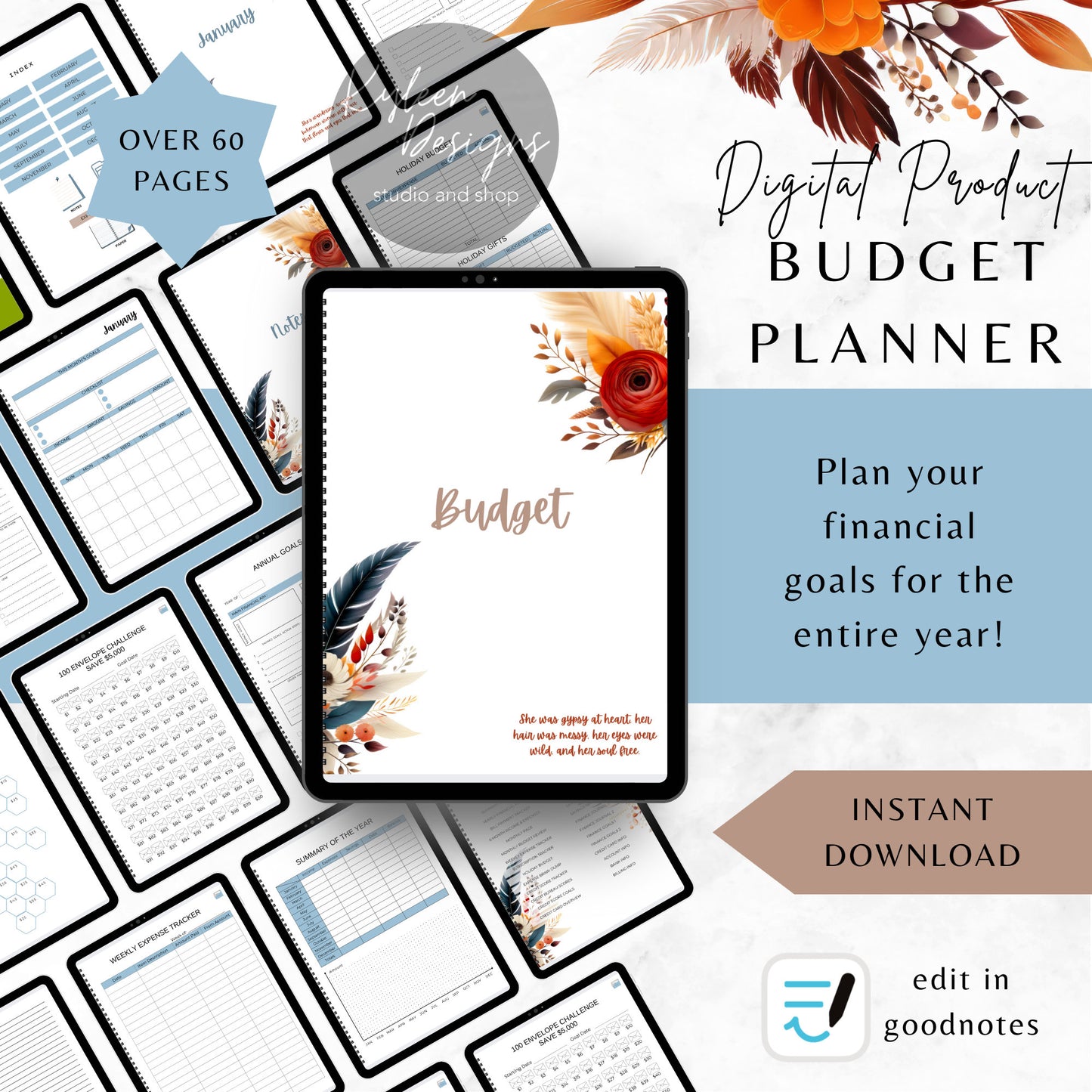 Boho Budget Planner, PDF download, edit in goodnotes, over 60 pages!  This is a DIGITAL ITEM!   Super Easy!  Exclusive Design